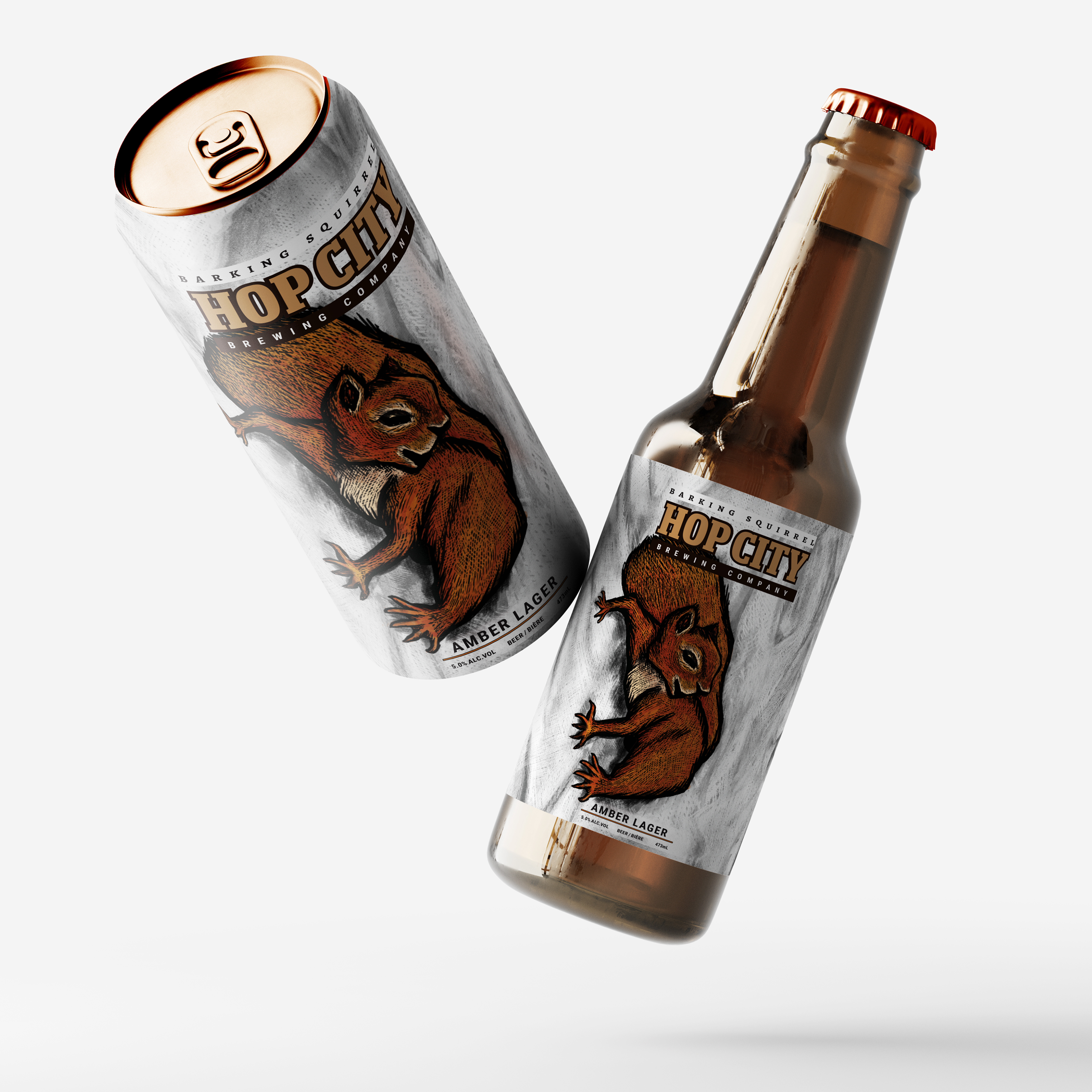 Barking Squirrel Beer displayed on beer cans and bottles